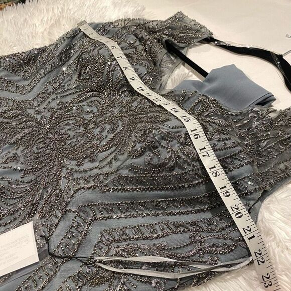 NEW MGNY by Mori Lee Embellished Bodice Cap Sleeve Maxi Dress Gown in Steel Gray - Picture 5 of 13